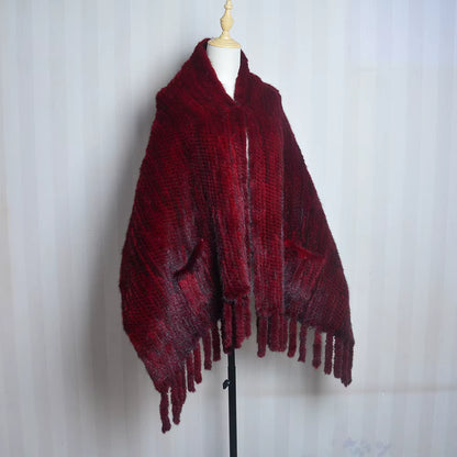 2026 New Women Genuine Knitted Mink Fur Showl Scarf Lady 100%Natural Real Mink Fur Shawl with Tassel Fashion Mink Fur Ponchos