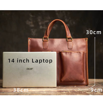 Vintage Men'S Briefcase Genuine Leather Casual Trend Handbag High Capacity Shoulder Bag Zipper Pockte for 14 Inch Laptop