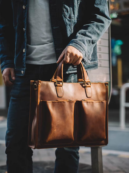Vintage Men'S Briefcase Genuine Leather Casual Trend Handbag High Capacity Shoulder Bag Zipper Pockte for 14 Inch Laptop