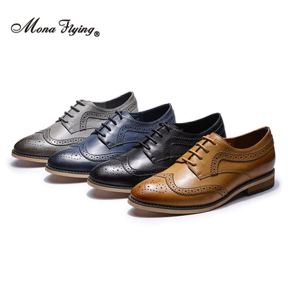 Women Leather Wingtip Oxfords Hand-Made Top Quality Luxury Derby Saddle Casual Flat Lace-Up Shoes for Ladies B098-1