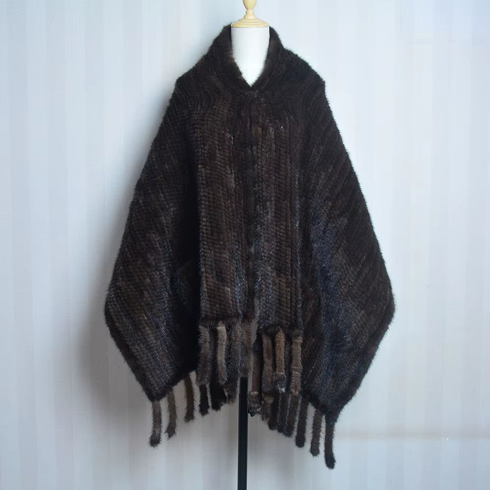2026 New Women Genuine Knitted Mink Fur Showl Scarf Lady 100%Natural Real Mink Fur Shawl with Tassel Fashion Mink Fur Ponchos