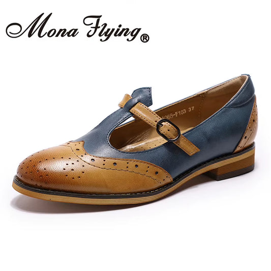 Women Genuine Leather Mary Jane Flat Casual Buckle Shoes Loafers Ladies T Strap Shoes Elegant Low Heel A068-F103