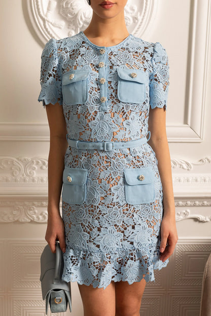 Short Sleeve Embroidered Floral Dress - Blue
