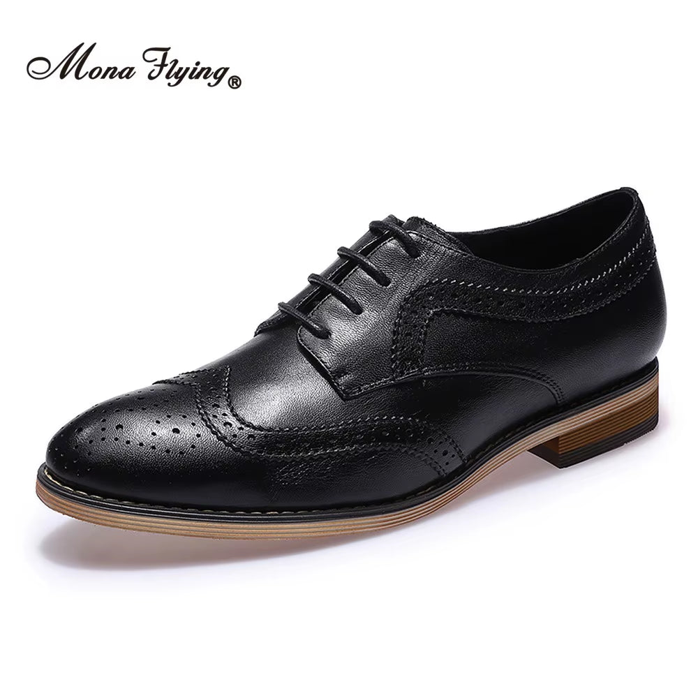 Women Leather Wingtip Oxfords Hand-Made Top Quality Luxury Derby Saddle Casual Flat Lace-Up Shoes for Ladies B098-1