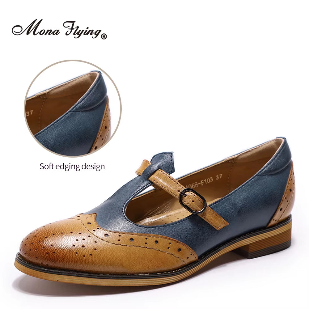 Women Genuine Leather Mary Jane Flat Casual Buckle Shoes Loafers Ladies T Strap Shoes Elegant Low Heel A068-F103