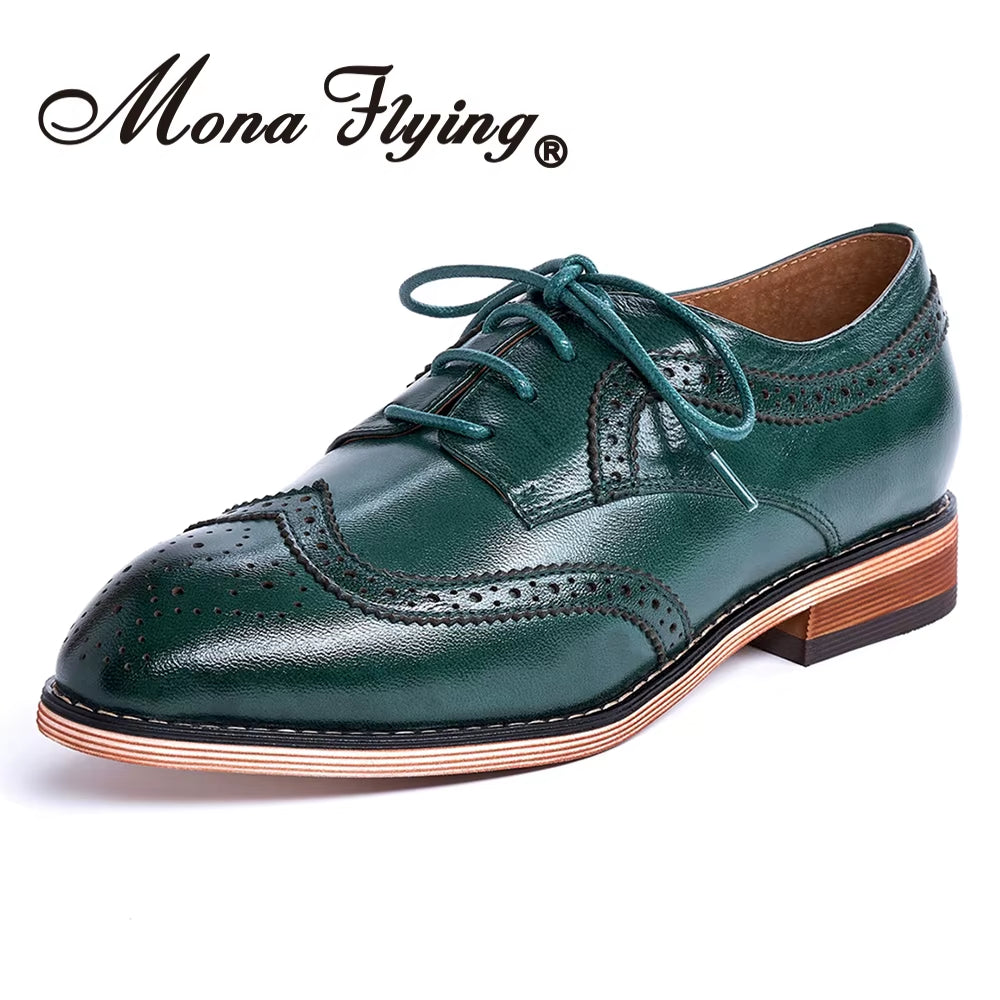 Women Leather Wingtip Oxfords Hand-Made Top Quality Luxury Derby Saddle Casual Flat Lace-Up Shoes for Ladies B098-1
