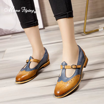 Women Genuine Leather Mary Jane Flat Casual Buckle Shoes Loafers Ladies T Strap Shoes Elegant Low Heel A068-F103