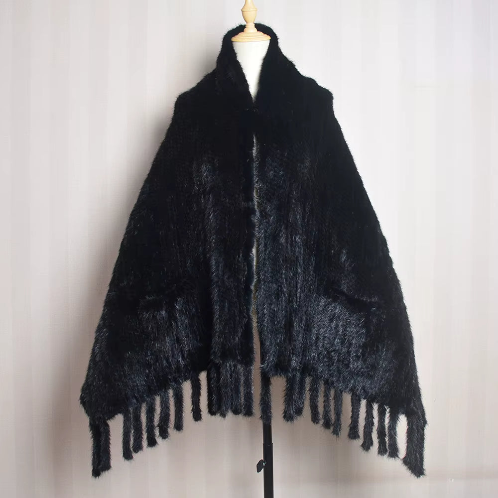 2026 New Women Genuine Knitted Mink Fur Showl Scarf Lady 100%Natural Real Mink Fur Shawl with Tassel Fashion Mink Fur Ponchos