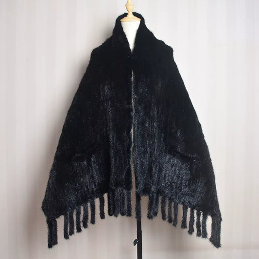 2026 New Women Genuine Knitted Mink Fur Showl Scarf Lady 100%Natural Real Mink Fur Shawl with Tassel Fashion Mink Fur Ponchos