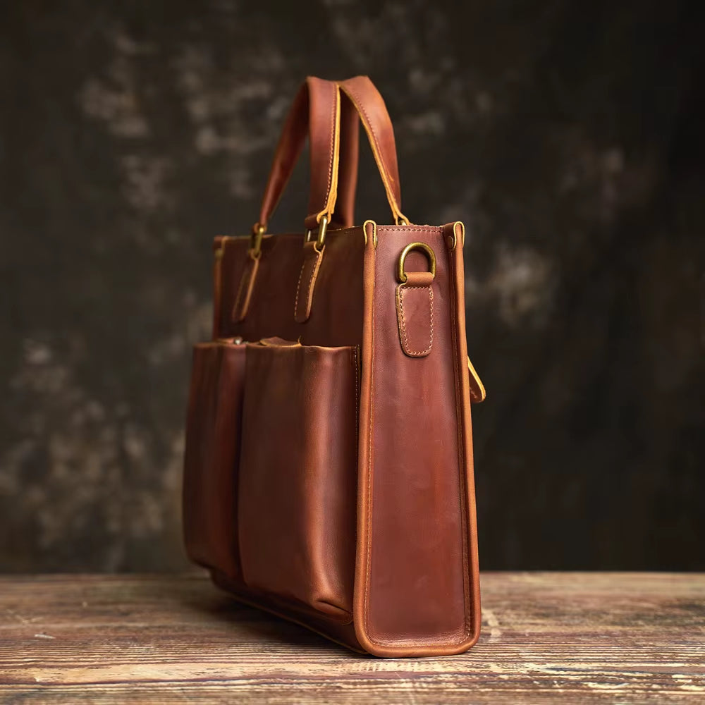 Vintage Men'S Briefcase Genuine Leather Casual Trend Handbag High Capacity Shoulder Bag Zipper Pockte for 14 Inch Laptop