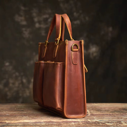 Vintage Men'S Briefcase Genuine Leather Casual Trend Handbag High Capacity Shoulder Bag Zipper Pockte for 14 Inch Laptop