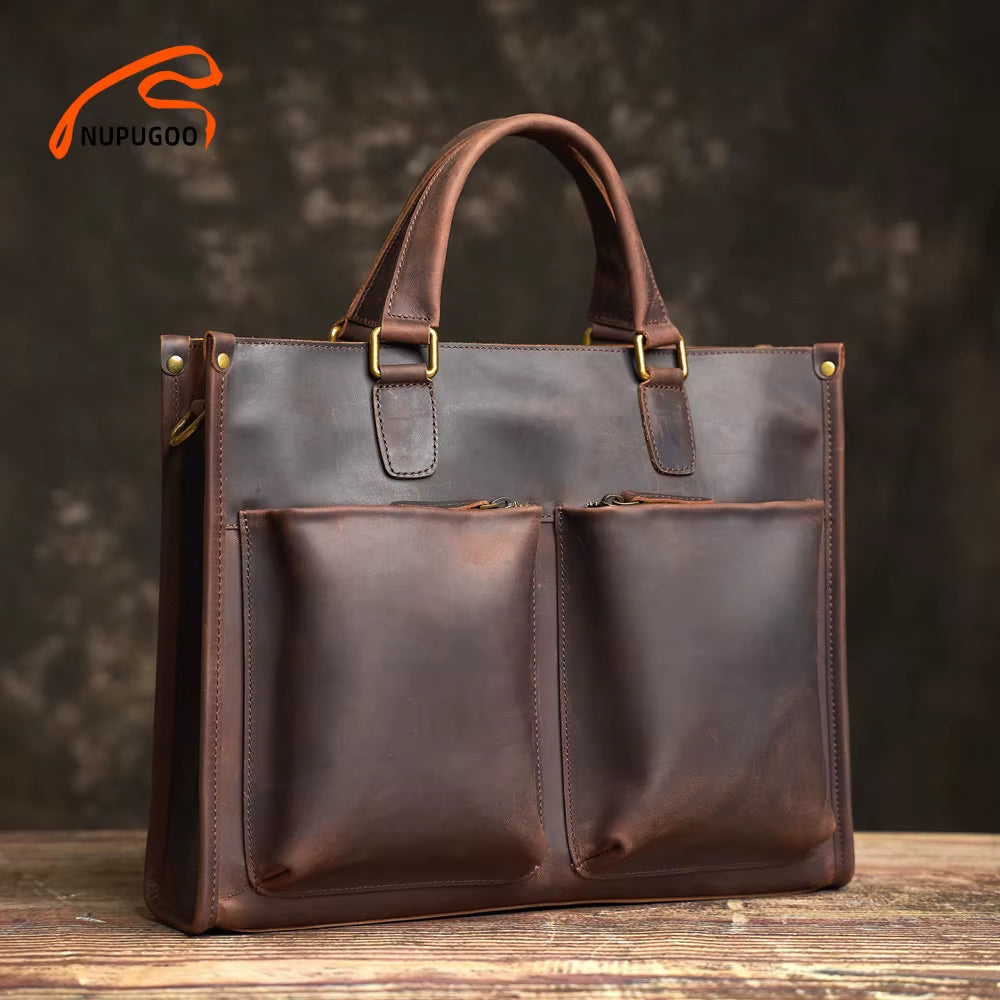 Vintage Men'S Briefcase Genuine Leather Casual Trend Handbag High Capacity Shoulder Bag Zipper Pockte for 14 Inch Laptop