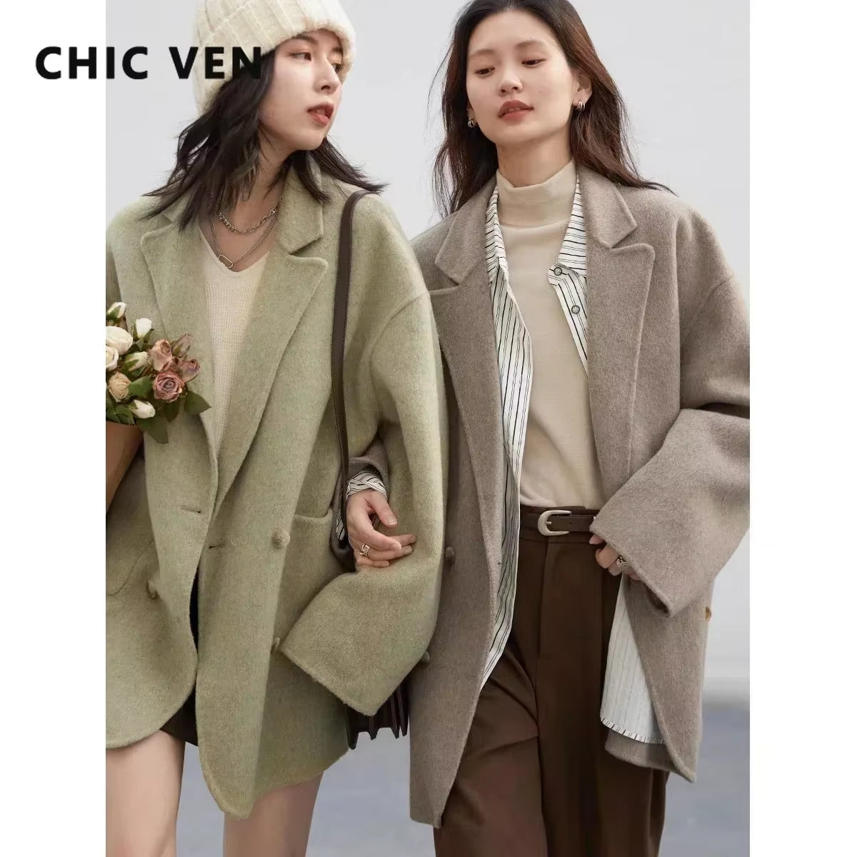 Women'S Woolen Coats Loose Casual Double Breasted Retro Double-Sided Jacket Office Lady Outerwear Autumn Winter 2026