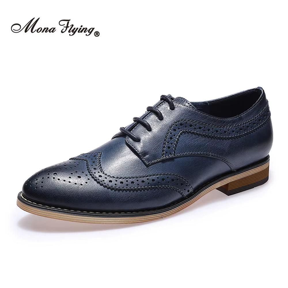 Women Leather Wingtip Oxfords Hand-Made Top Quality Luxury Derby Saddle Casual Flat Lace-Up Shoes for Ladies B098-1