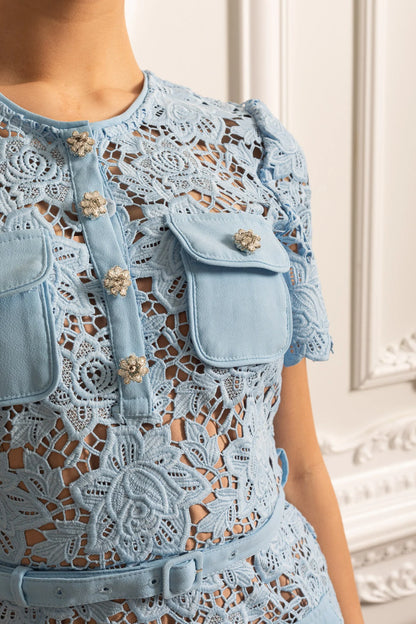 Short Sleeve Embroidered Floral Dress - Blue