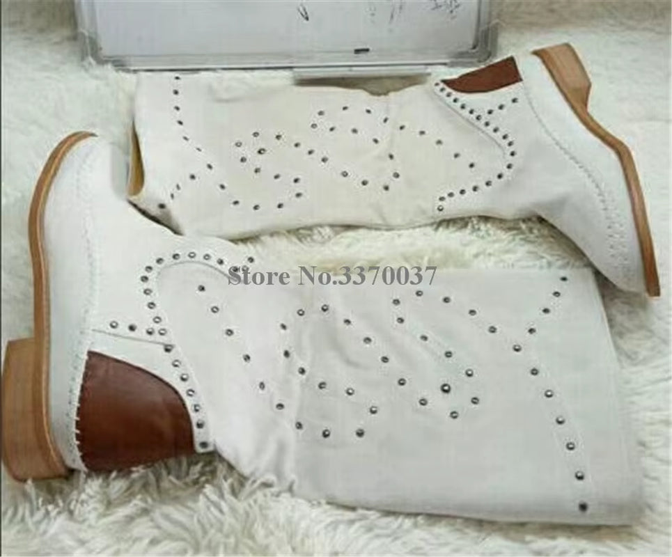 Women Hot Selling Yellow Suede Leather round Toe Rivet Flat Boots Knee High Spike Comfortable Flat Boots Winter Boots