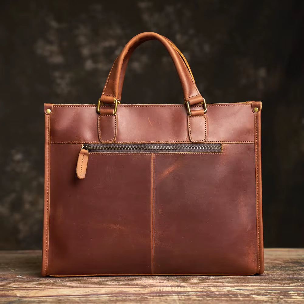 Vintage Men'S Briefcase Genuine Leather Casual Trend Handbag High Capacity Shoulder Bag Zipper Pockte for 14 Inch Laptop