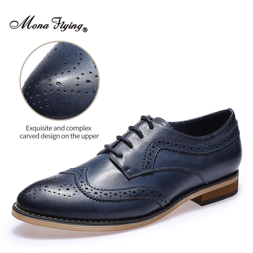 Women Leather Wingtip Oxfords Hand-Made Top Quality Luxury Derby Saddle Casual Flat Lace-Up Shoes for Ladies B098-1