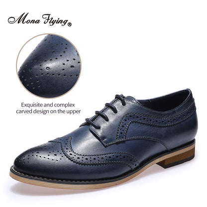 Women Leather Wingtip Oxfords Hand-Made Top Quality Luxury Derby Saddle Casual Flat Lace-Up Shoes for Ladies B098-1