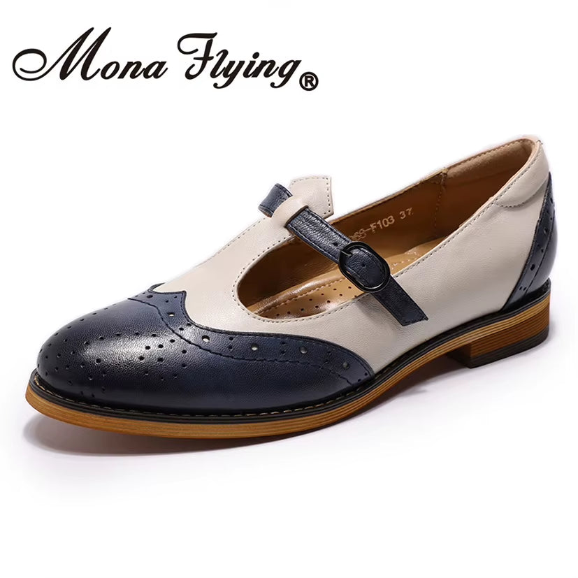 Women Genuine Leather Mary Jane Flat Casual Buckle Shoes Loafers Ladies T Strap Shoes Elegant Low Heel A068-F103