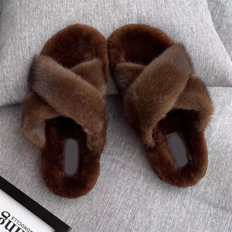 Women Shoe Fashion Flats Summer Shoes for Women 2024 Fur Slides 100% Mink Slippers Luxury Ladies Mink House Slippers