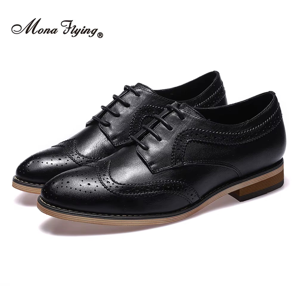 Women Leather Wingtip Oxfords Hand-Made Top Quality Luxury Derby Saddle Casual Flat Lace-Up Shoes for Ladies B098-1