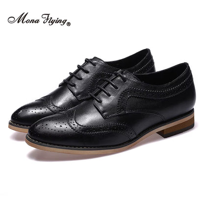 Women Leather Wingtip Oxfords Hand-Made Top Quality Luxury Derby Saddle Casual Flat Lace-Up Shoes for Ladies B098-1