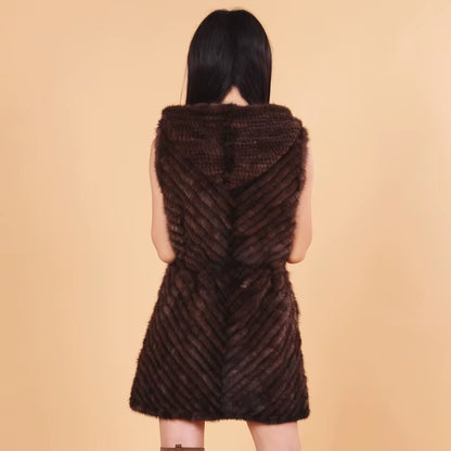 New 2026 Women'S Hooded Natural Knitted Mink Fur Vest Mink Outerwear Fur Overcoat Knitted Mink Vest Natural