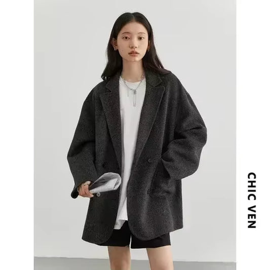 Women'S Woolen Coats Loose Casual Double Breasted Retro Double-Sided Jacket Office Lady Outerwear Autumn Winter 2026