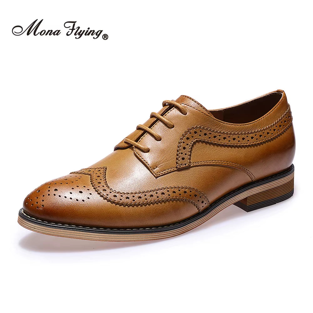 Women Leather Wingtip Oxfords Hand-Made Top Quality Luxury Derby Saddle Casual Flat Lace-Up Shoes for Ladies B098-1