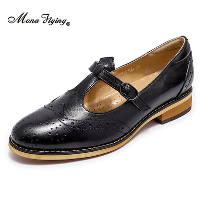 Women Genuine Leather Mary Jane Flat Casual Buckle Shoes Loafers Ladies T Strap Shoes Elegant Low Heel A068-F103