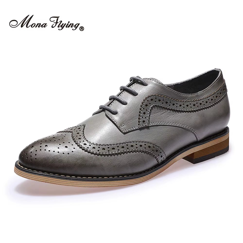 Women Leather Wingtip Oxfords Hand-Made Top Quality Luxury Derby Saddle Casual Flat Lace-Up Shoes for Ladies B098-1