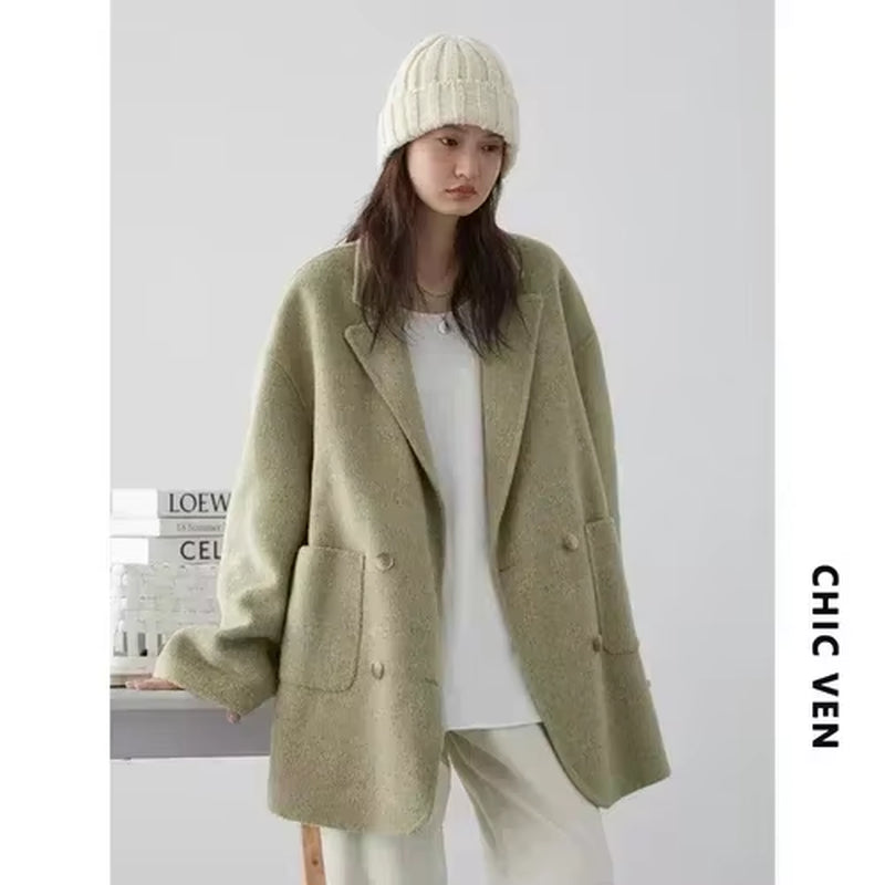 Women'S Woolen Coats Loose Casual Double Breasted Retro Double-Sided Jacket Office Lady Outerwear Autumn Winter 2026