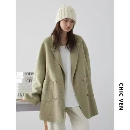 Women'S Woolen Coats Loose Casual Double Breasted Retro Double-Sided Jacket Office Lady Outerwear Autumn Winter 2026