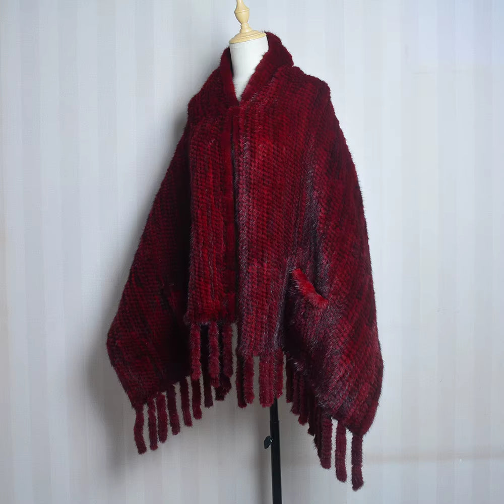 2026 New Women Genuine Knitted Mink Fur Showl Scarf Lady 100%Natural Real Mink Fur Shawl with Tassel Fashion Mink Fur Ponchos