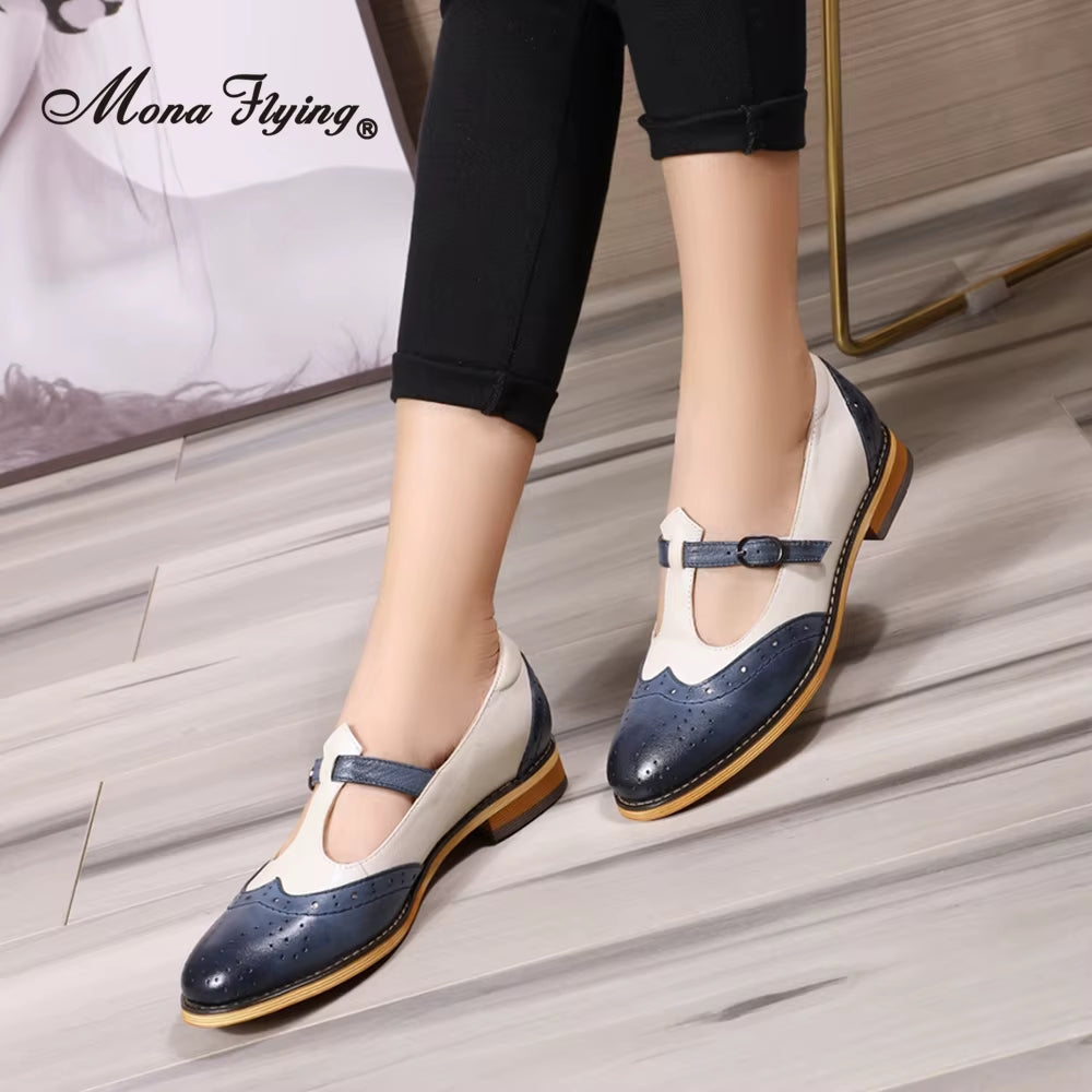 Women Genuine Leather Mary Jane Flat Casual Buckle Shoes Loafers Ladies T Strap Shoes Elegant Low Heel A068-F103