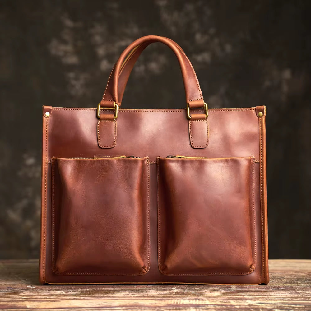 Vintage Men'S Briefcase Genuine Leather Casual Trend Handbag High Capacity Shoulder Bag Zipper Pockte for 14 Inch Laptop