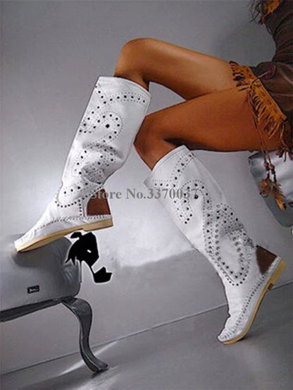 Women Hot Selling Yellow Suede Leather round Toe Rivet Flat Boots Knee High Spike Comfortable Flat Boots Winter Boots