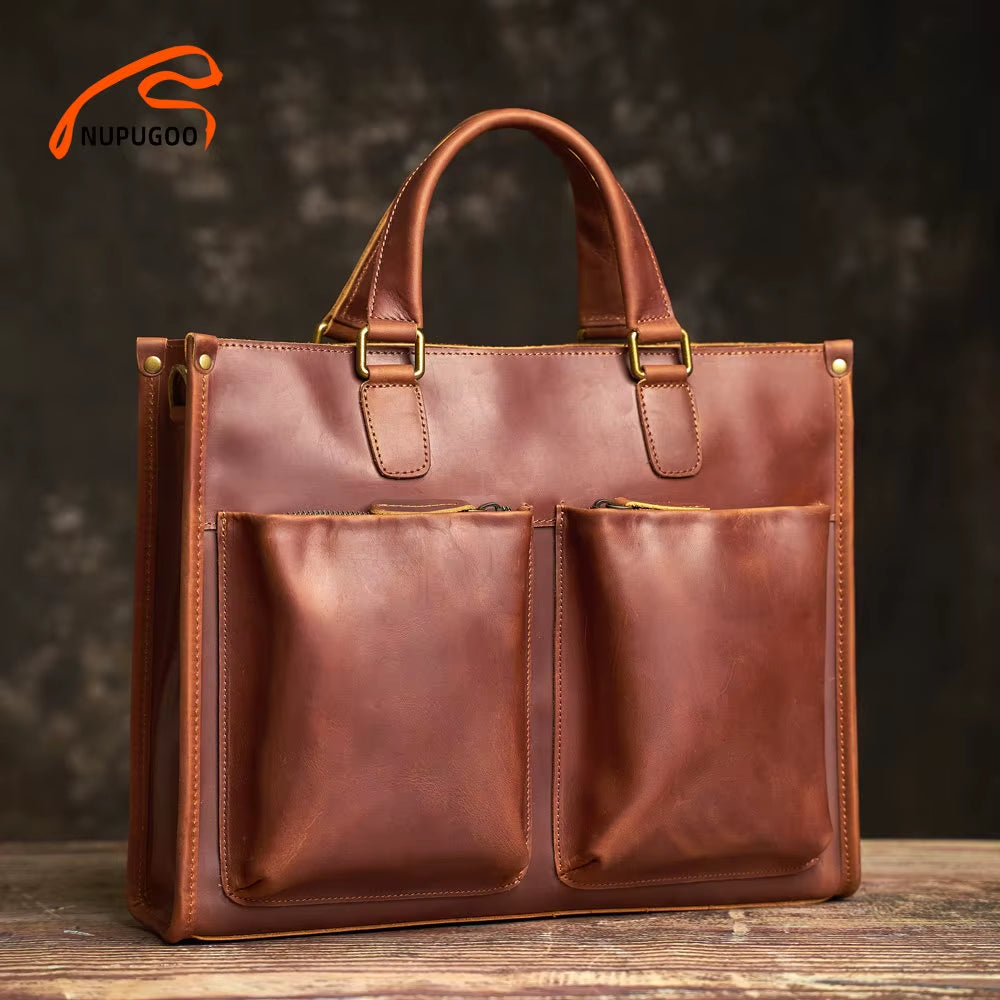 Vintage Men'S Briefcase Genuine Leather Casual Trend Handbag High Capacity Shoulder Bag Zipper Pockte for 14 Inch Laptop