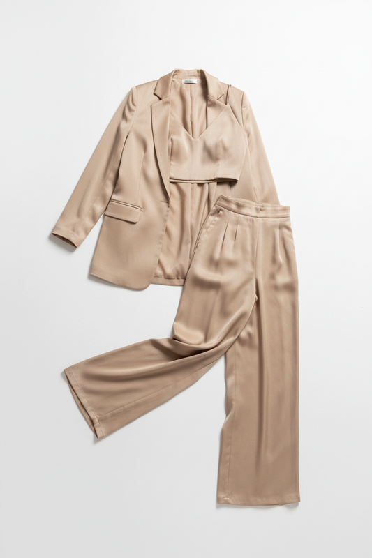 Art Beige Solid Silk Blend 3 Piece Co-Ords