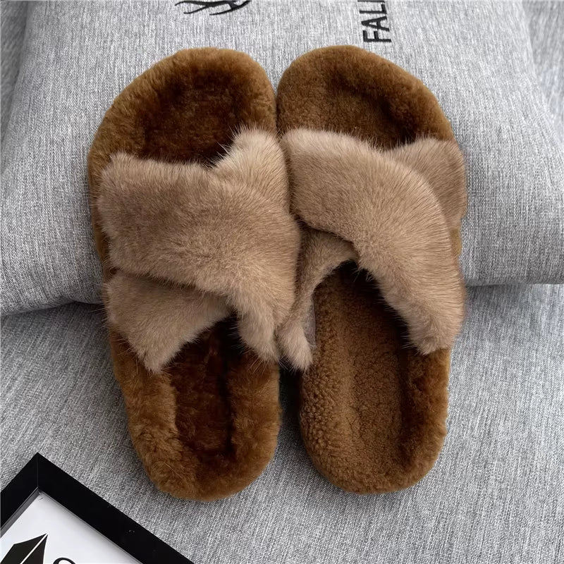 Women Shoe Fashion Flats Summer Shoes for Women 2024 Fur Slides 100% Mink Slippers Luxury Ladies Mink House Slippers