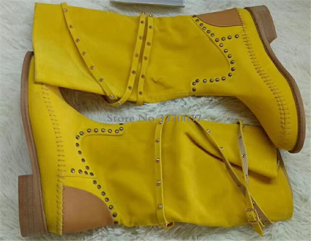 Women Hot Selling Yellow Suede Leather round Toe Rivet Flat Boots Knee High Spike Comfortable Flat Boots Winter Boots