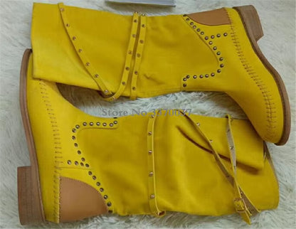 Women Hot Selling Yellow Suede Leather round Toe Rivet Flat Boots Knee High Spike Comfortable Flat Boots Winter Boots
