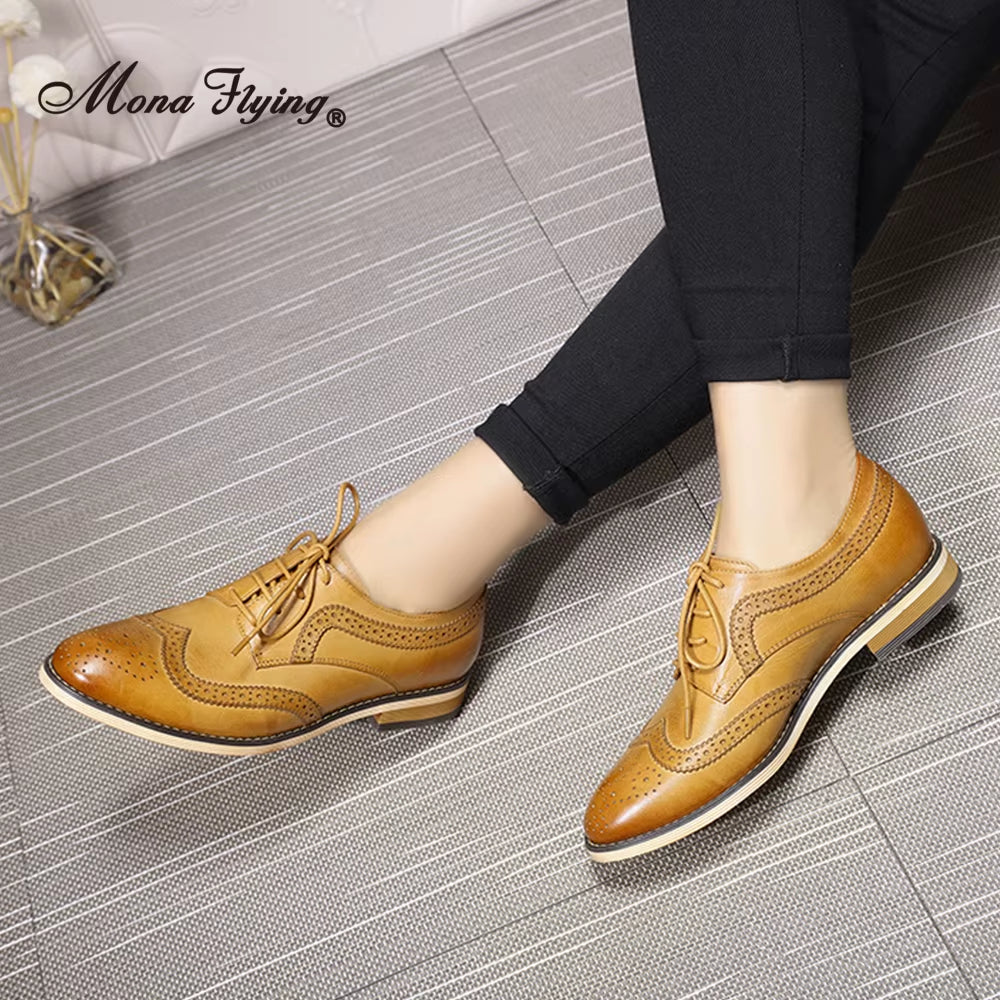 Women Leather Wingtip Oxfords Hand-Made Top Quality Luxury Derby Saddle Casual Flat Lace-Up Shoes for Ladies B098-1