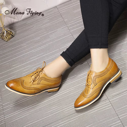 Women Leather Wingtip Oxfords Hand-Made Top Quality Luxury Derby Saddle Casual Flat Lace-Up Shoes for Ladies B098-1