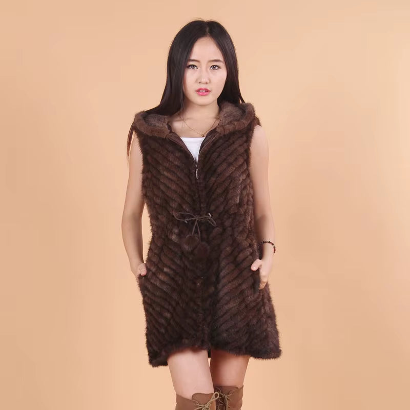 New 2026 Women'S Hooded Natural Knitted Mink Fur Vest Mink Outerwear Fur Overcoat Knitted Mink Vest Natural