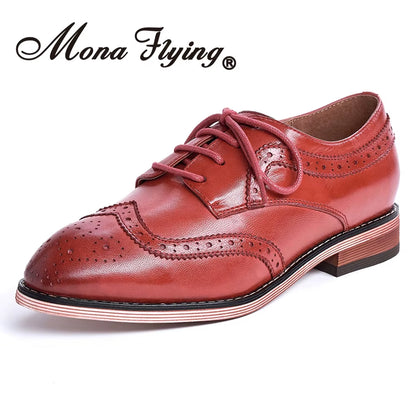 Women Leather Wingtip Oxfords Hand-Made Top Quality Luxury Derby Saddle Casual Flat Lace-Up Shoes for Ladies B098-1