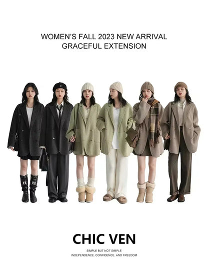 Women'S Woolen Coats Loose Casual Double Breasted Retro Double-Sided Jacket Office Lady Outerwear Autumn Winter 2026