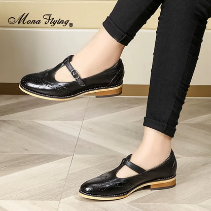 Women Genuine Leather Mary Jane Flat Casual Buckle Shoes Loafers Ladies T Strap Shoes Elegant Low Heel A068-F103