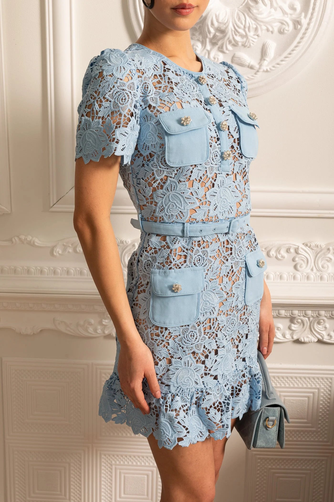 Short Sleeve Embroidered Floral Dress - Blue